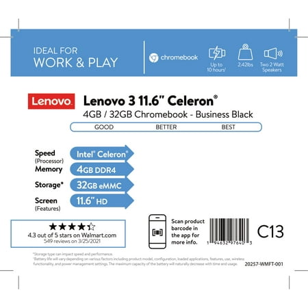 Lenovo Chromebook 3 11" Laptop - Intel Celeron N4020 - 4GB Memory - 32GB eMMC - Onyx Black