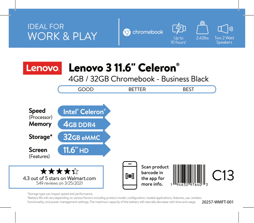 Lenovo Ideapad 3 Chromebook, 11.6" HD, Intel Celeron N4020, 4GB RAM, 32GB eMMC, ChromeOS, Onyx Black, 82BA0000US - image 4 of 8