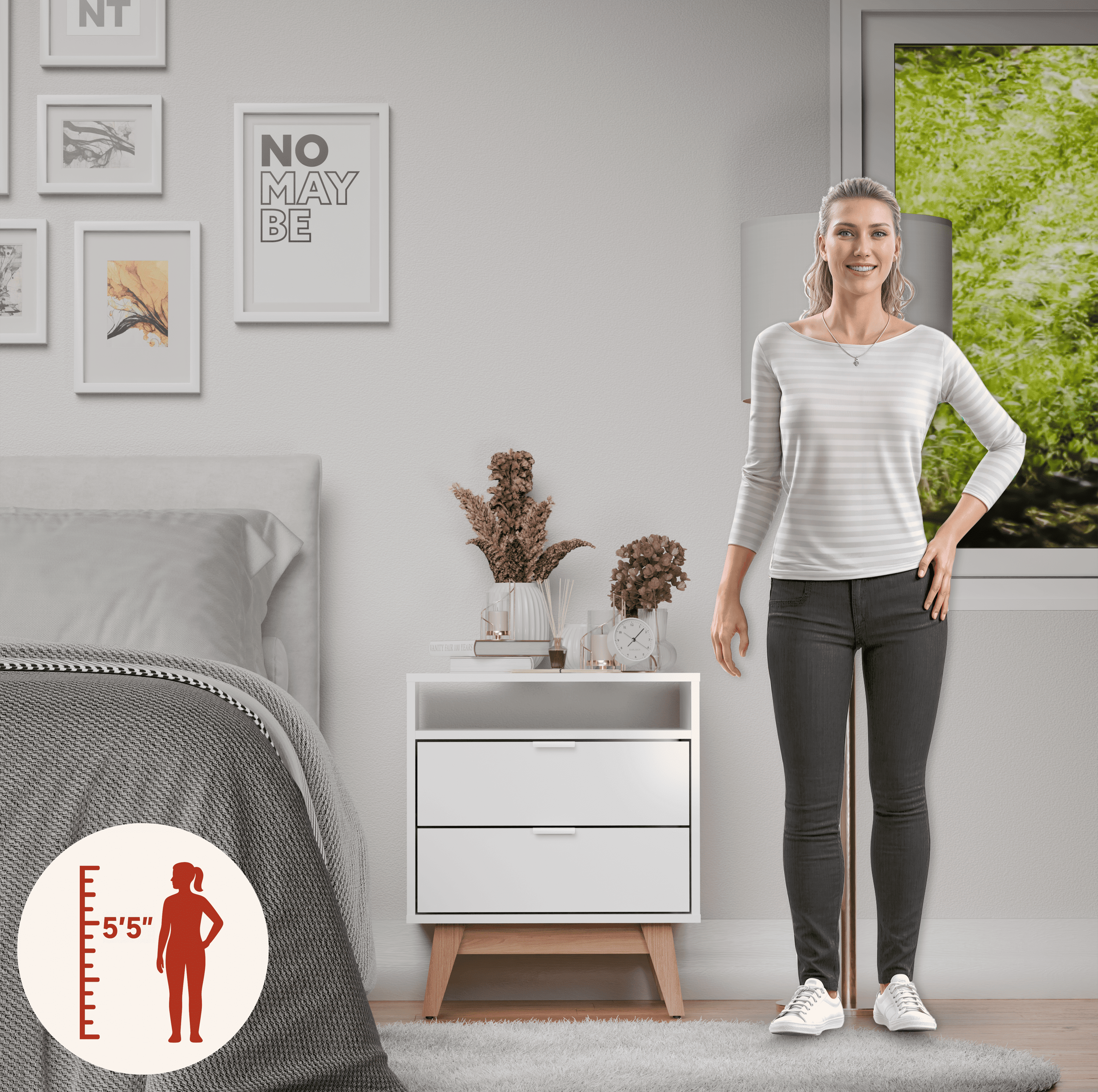 Kappesberg Hanford 2-Drawer Nightstand with Open Shelf, White & Light Brown - for Adults and Teens