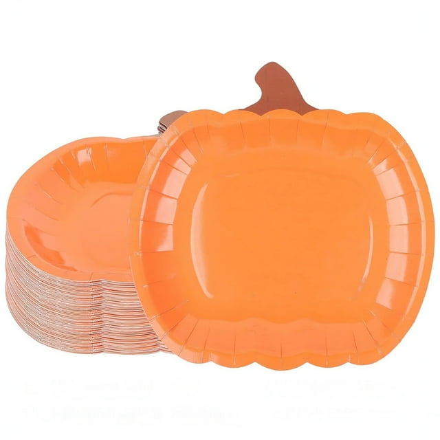 Decoraciones de la Fiesta de Halloween, Papel Desechable Cena Calabaza Naranja 9 Pulgadas 20 Paquete, Decoraciones de Calabaza Al Aire Libre para el Tema de la Fiesta de Otoño, Diseño de Borde Marrón