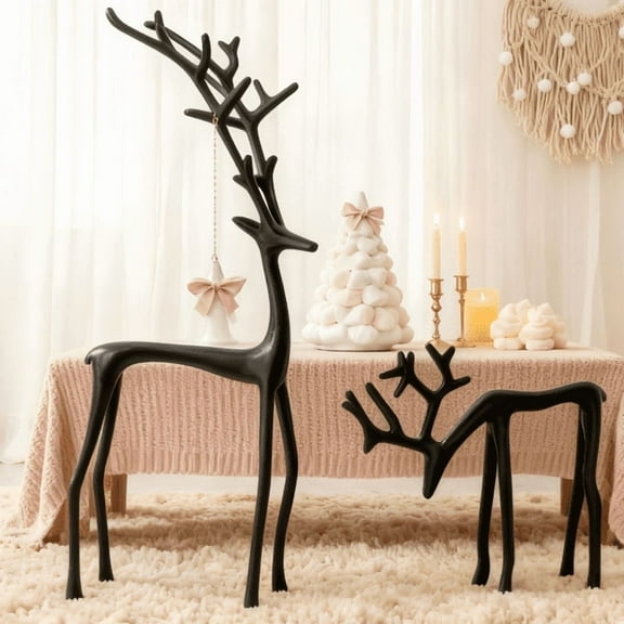 2Pcs Christmas Reindeer Figurines for Centerpieces: Resin Black Reindeer Christmas Decor for Dining Room Table - Vintage Standing Deer for Coffee Table Fireplace Entryway Shelves Office Indoor
