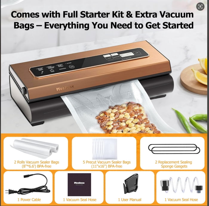 TINKLE WELL 6-in-1 Compact Vacuum Sealer Machine, Food Preservation System with Dry & Moist Modes, Includes 2 Bag Rolls + 5 Pre-Cut Bags, Cutter & ETL Listed, Gold