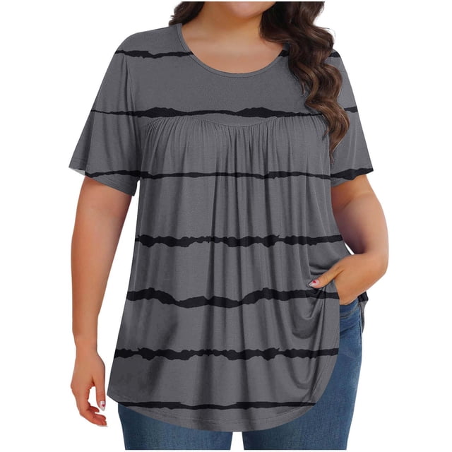 Plebaso Hauts pour Femmes Grande Taille Manches Courtes Blouses Plissées Décontractées Col Rond Été Tuniques Amples