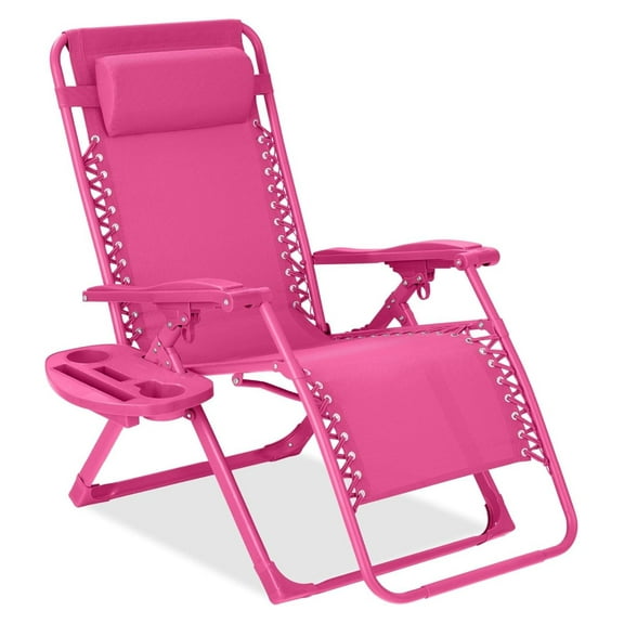 Adjustable Chair, Monochromatic Color Folding Patio Recliner w/Side Tray, Headrest - Hot Pink Set of 1