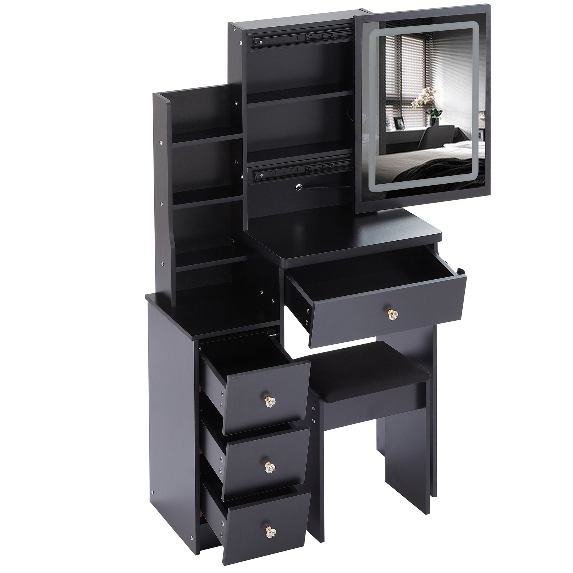 Bedside Cabinet Vanity Table + Cushioned Stool Extra Large Touch Control Sliding LED Mirror with Hair dryer bracket