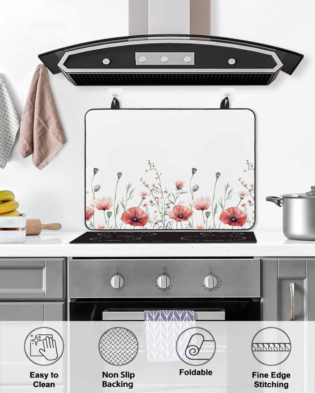 nqOlkjepod Large Induction Cooktop Protector Mat 24"x21", Red Poppy Flower Stove Top Covers for Electric Stove, Garden Floral Botanical Painting Stove Burner Cover Mats, Glass Top Stove Cover