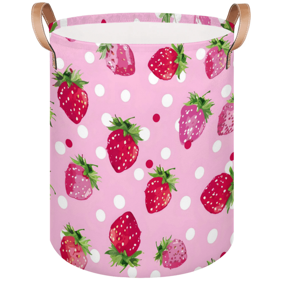 Qzaxky Strawberry Pink Fruit Laundry Basket Organizer Foldable Tall Large Laundry Basket Collapsible Folding Laundry Basket Dirty Clothes Fabric