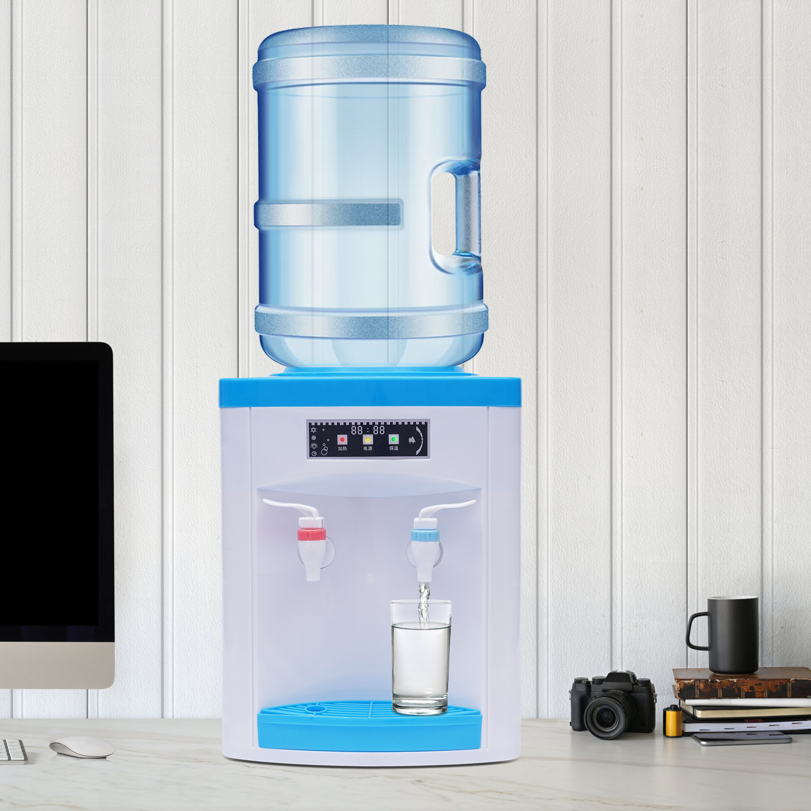 25.5*23.5*33cm 550W White&Blue Desktop Water Cooler Dispenser Top Loading Water Dispenser for 1.1-4.9gal Water Bottles