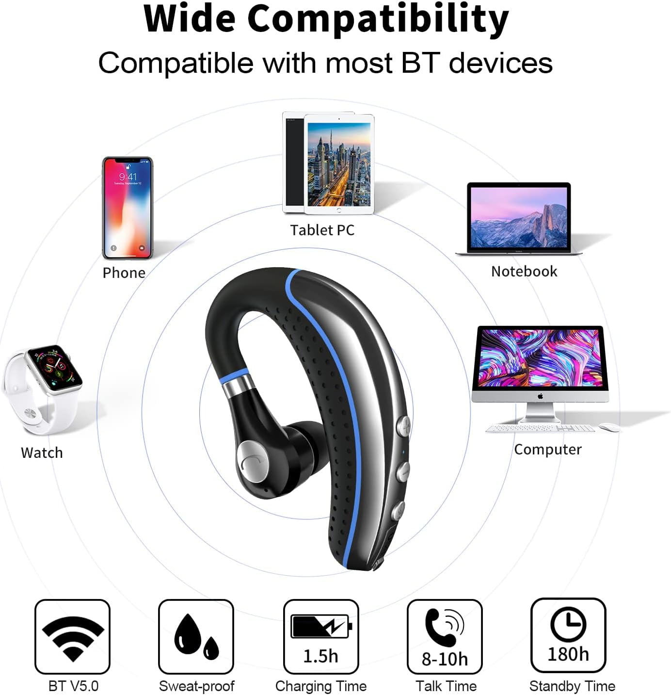 Bluetooth Headset, Wireless Earpiece V5.0 Ultralight Hands Free Business Earphone with Mic for Business/Office/Driving