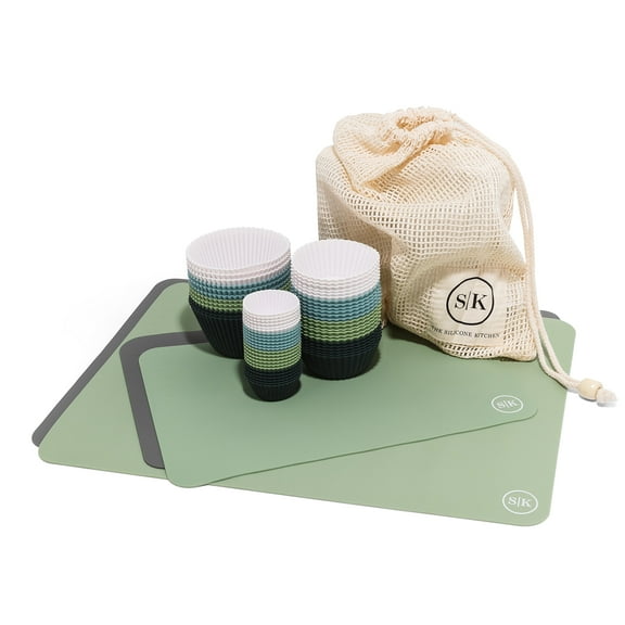 The Silicone Kitchen Starter Set Gift Bundle, 24 Regular, 12 Jumbo, 24 Mini Baking Cups, 2 Half-Sheet, 2 Quarter-Sheet Baking Mats, Blue, Green, White