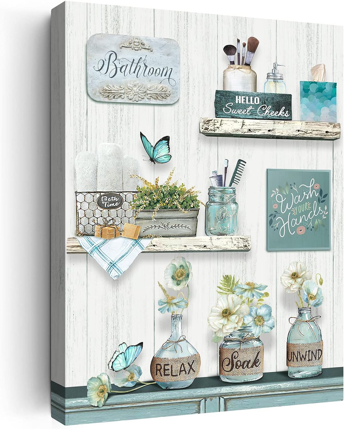 Farmhouse Bathroom Decor Wall Art Rustic Flower and Butterfly Bathroom Pictures Canvas Print Teal Country Bathroom Wall Decor Soak Relax Unwind Bathroom Wall Art Framed Ready To Hang 12"x16"