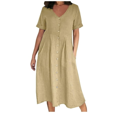 

Ersazi Corset Dress Women S Fashion Solid Color Cotton And Linen V-Neck Button Pleated Loose Dresses On Clearance Khaki Xl