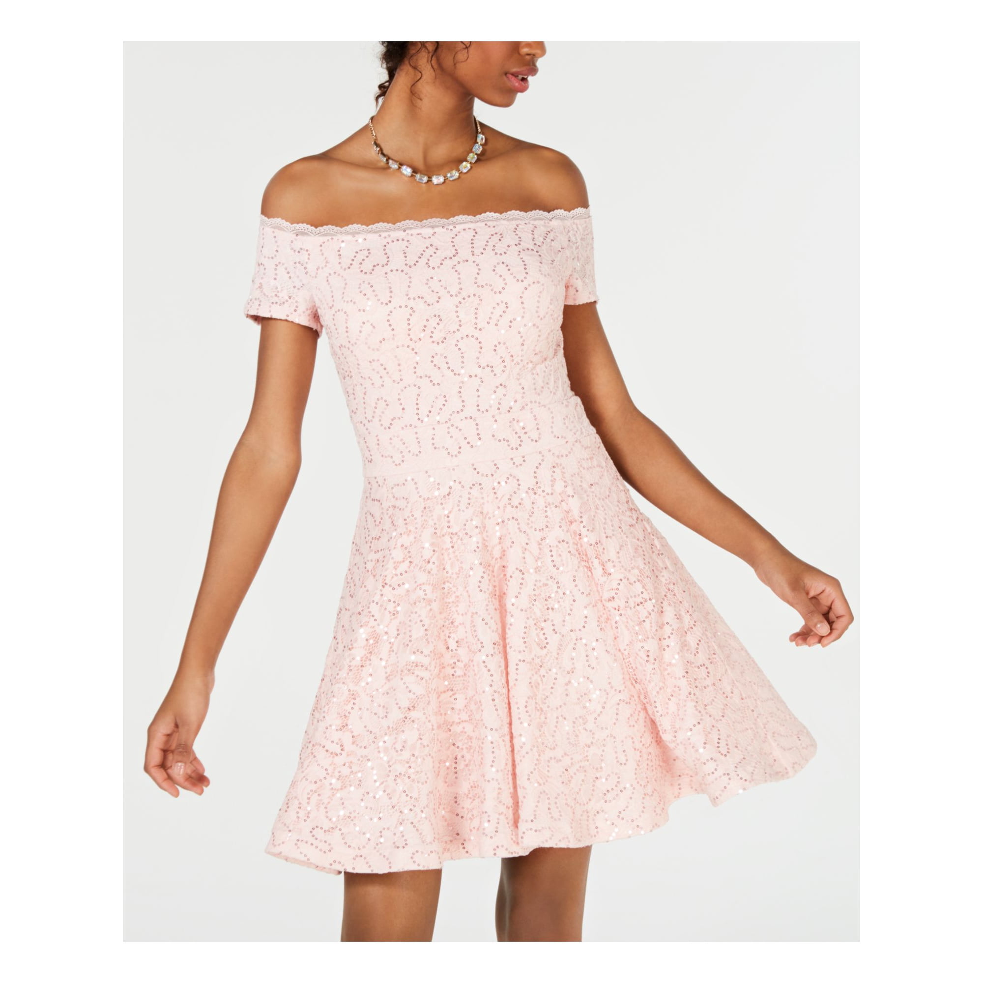 B DARLIN Femmes Dentelle Rose a Paillettes hors Epaule Parti Fit Robe Evasee 56 Walmart