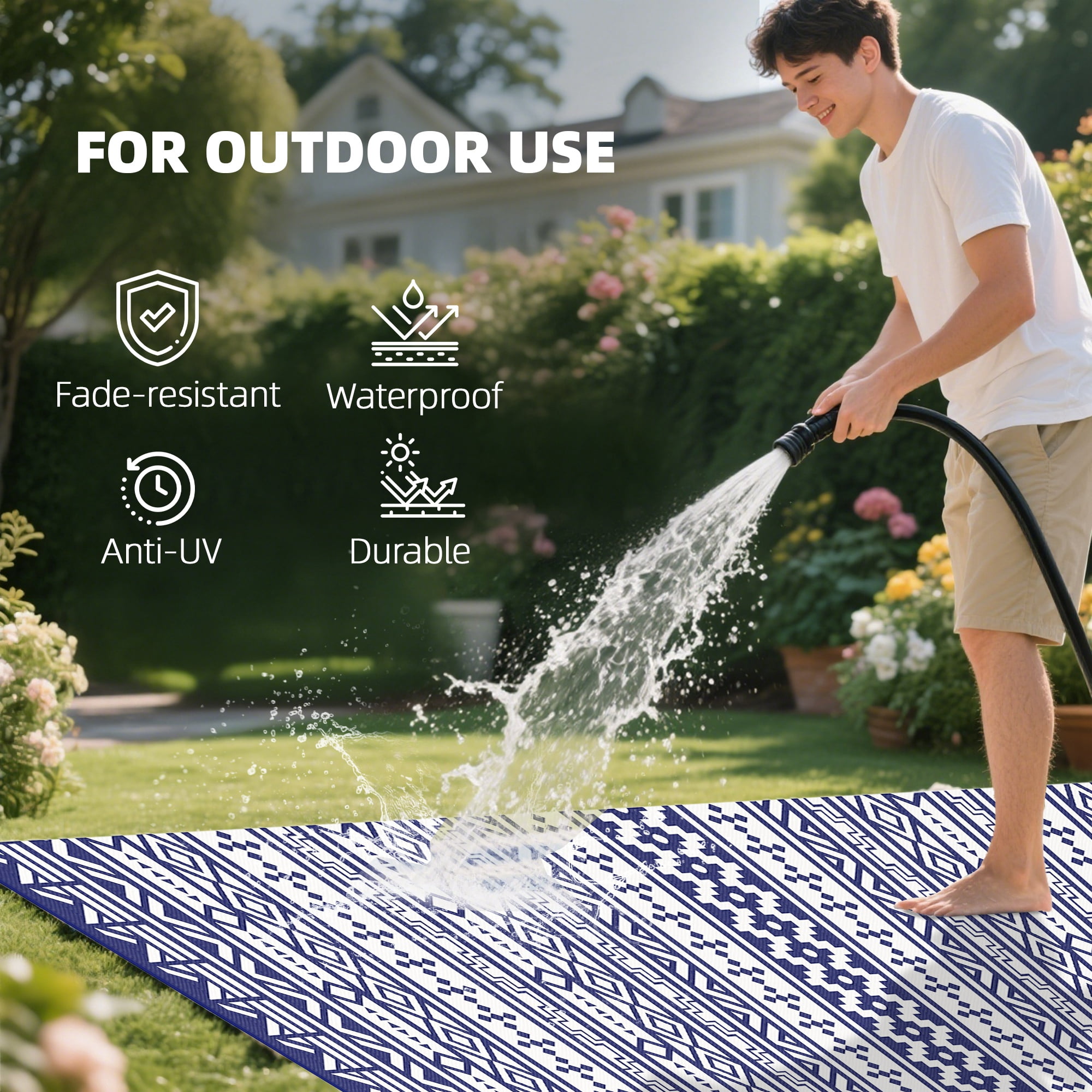 Outsunny Outdoor Patio Rug, Large Camping Carpet with Carrying Bag, 9' x 18' Waterproof Plastic Straw, Reversible, Blue & White Geometric Wall
