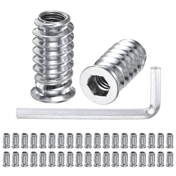 40-Pack Threaded Inserts for Wood, 1/4-20 x 20mm Hex Drive Threaded Insert Nuts with a Wrench for Wood Furniture [Silver Tone]