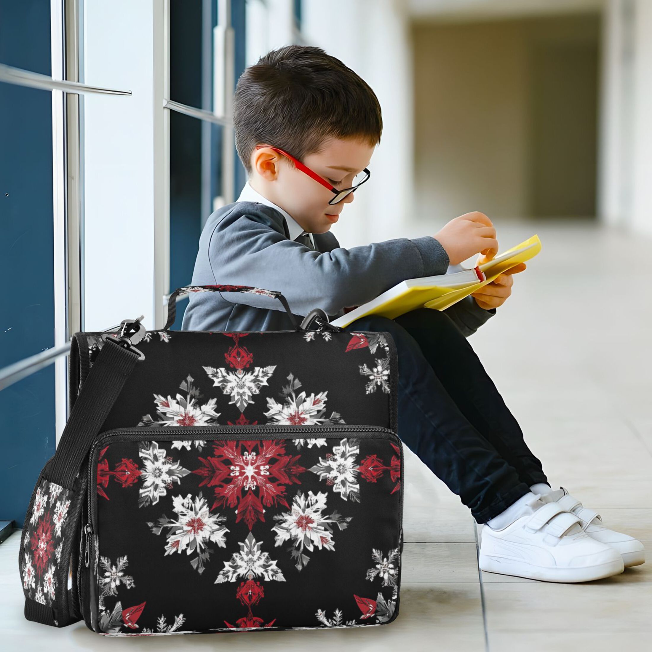 YAZAOO Zipper Binder trapper keeper Documents Organized Design Crimson and White Floral Snowflakes Printed