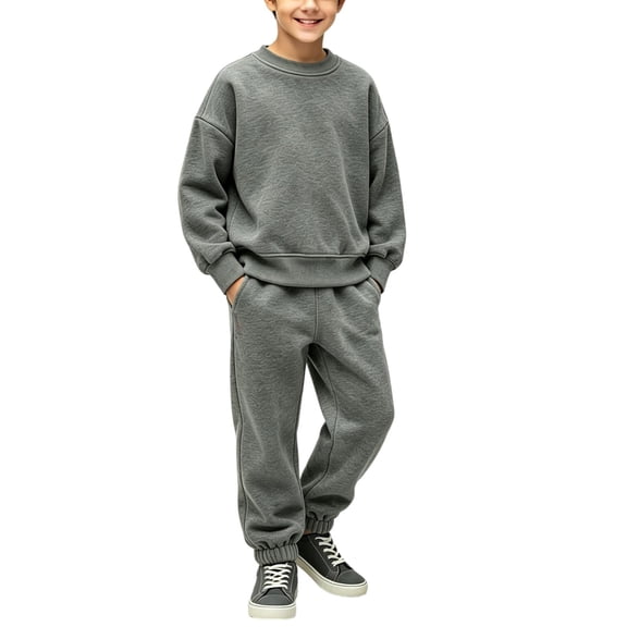 WDWYY Boys Sweatsuit 2 Piece Set Loose Fit Crew Neck Sweatshirt and Jogger Sweatpants Casual Pullover Fall Outfits Dark Gray 5-6Y