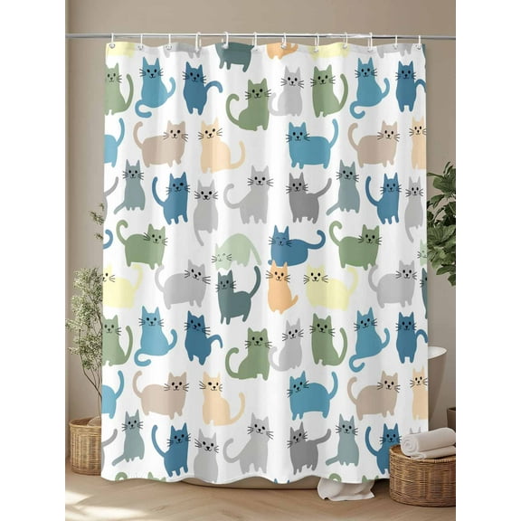 Shower Curtain, Cartoon Cat Seamless Waterproof Shower Curtain Set with Hooks for Bathroom Showers,Stalls and Bathtubs,72x72In Funny Animal on White