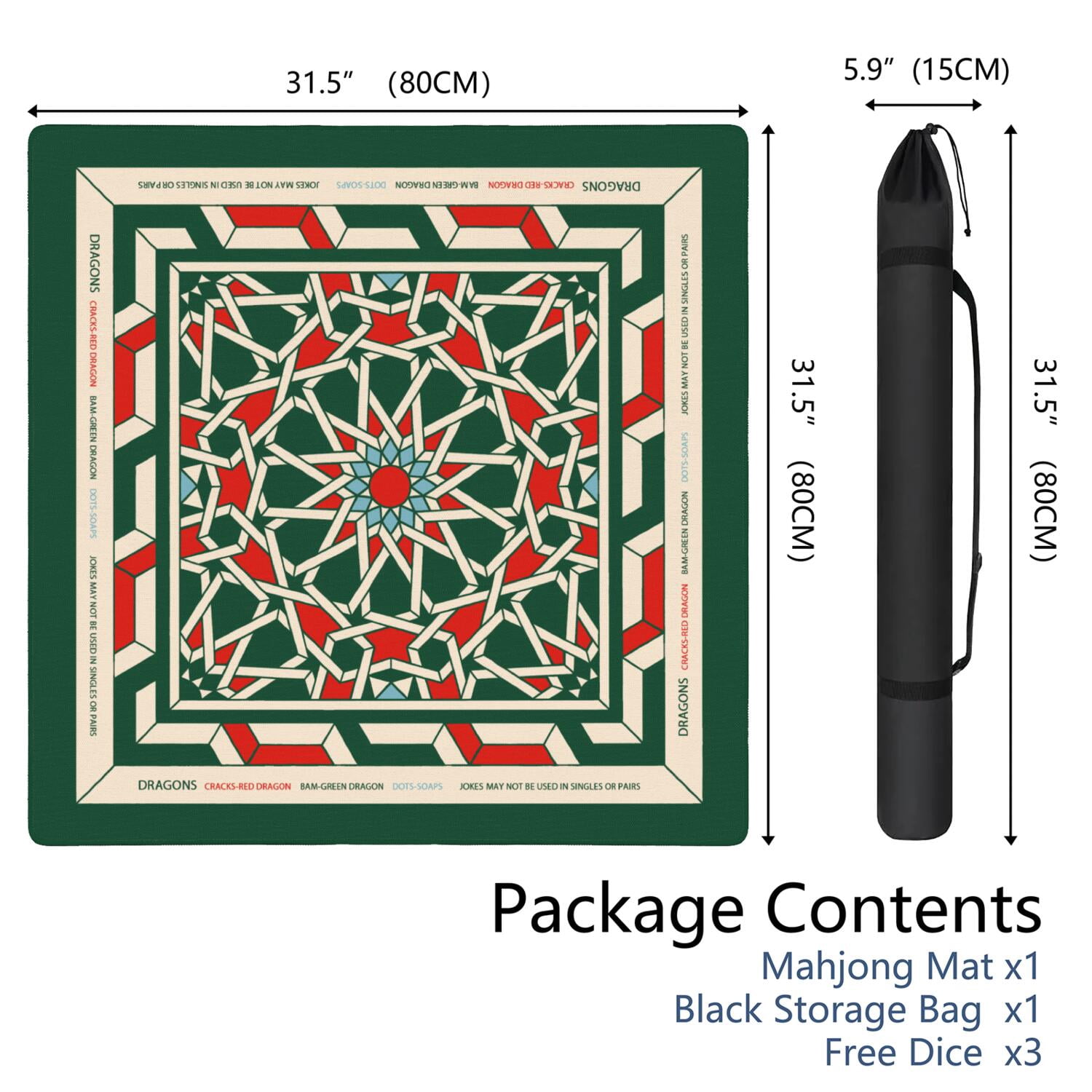 Green Mahjong Mat with Rules, 31.5*31.5in Anti Slip American Mahjong Mat for Table, Noise Reduction, Neoprene Mah jongg Mats with Carrying Bag & 3 Dices, Mahjong Supplies Gift, Board Tile Games Mats
