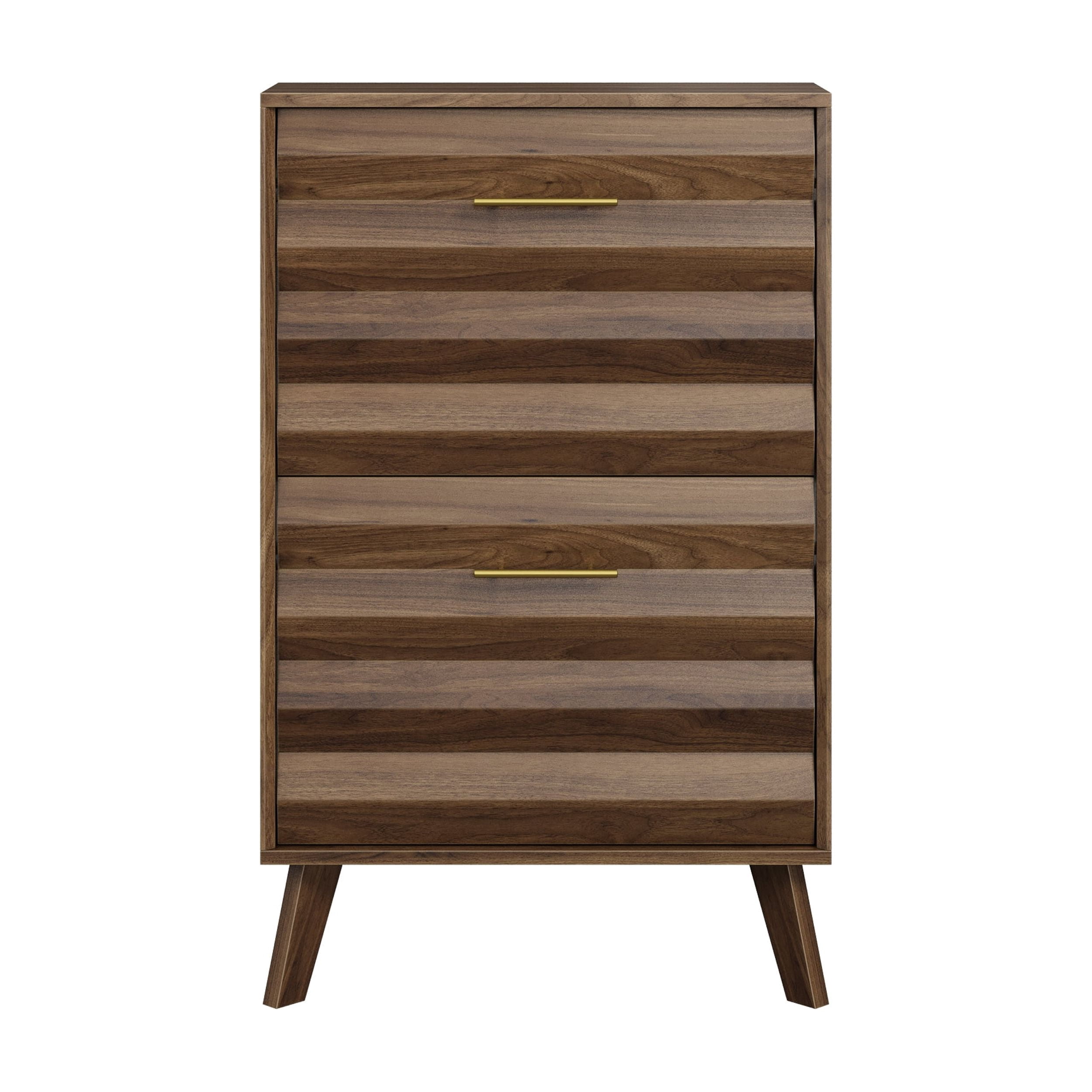 23.6 Inch Walnut Slim Flip-Top Shoe Cabinet, Mid-Century Freestanding Narrow Entryway Shoe Rack with Gold Handles & Angled Wood Legs, Large Capacity Tilt-Out Shoe Storage Organizer