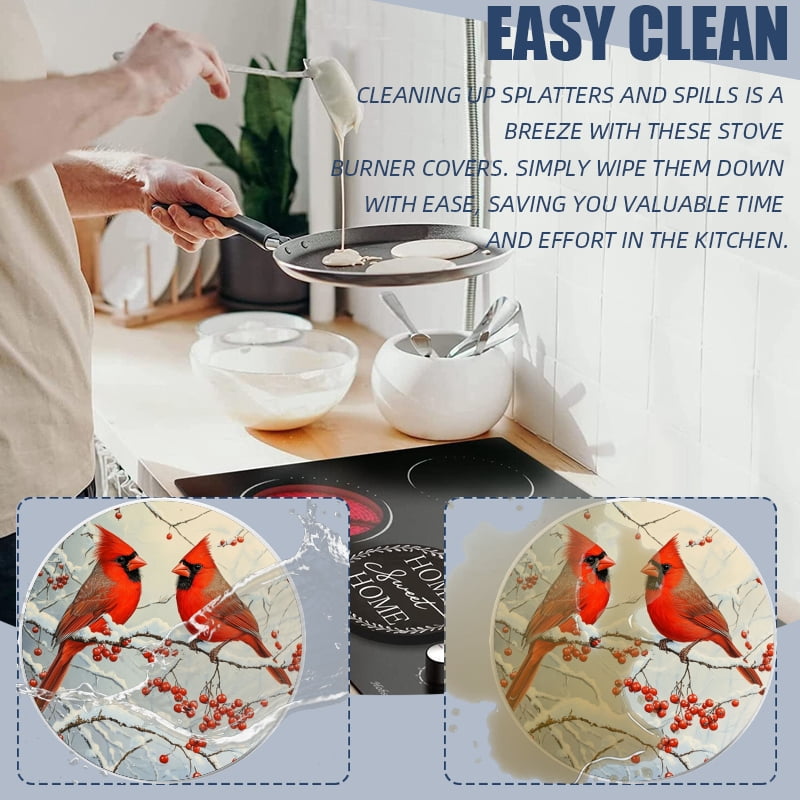 Christmas Burner Covers for Electric Stove, Red Cardinals Xmas Winter Birds Round Metal Stove Burner Covers Expands Counter Space Set of 4, 8 Inches and 10 Inches