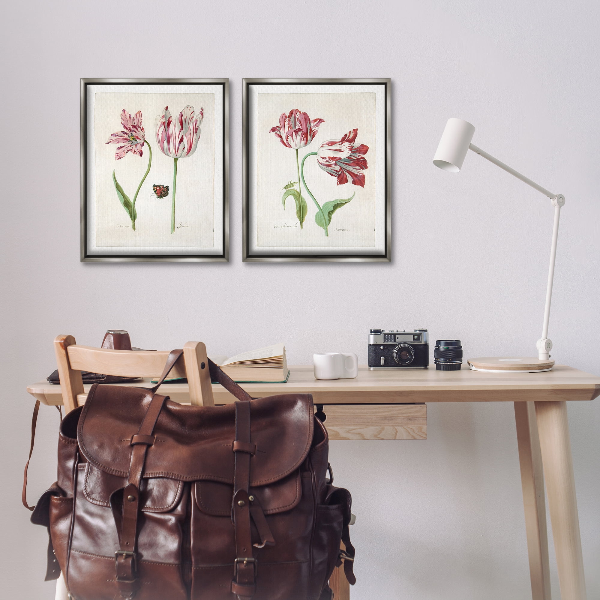 Stupell Industries Vintage Tulip & Insect Studies Floral & Botanical Painting Gray Floater Framed Canvas Art Print Wall Art, 17 x 21, Set of 2