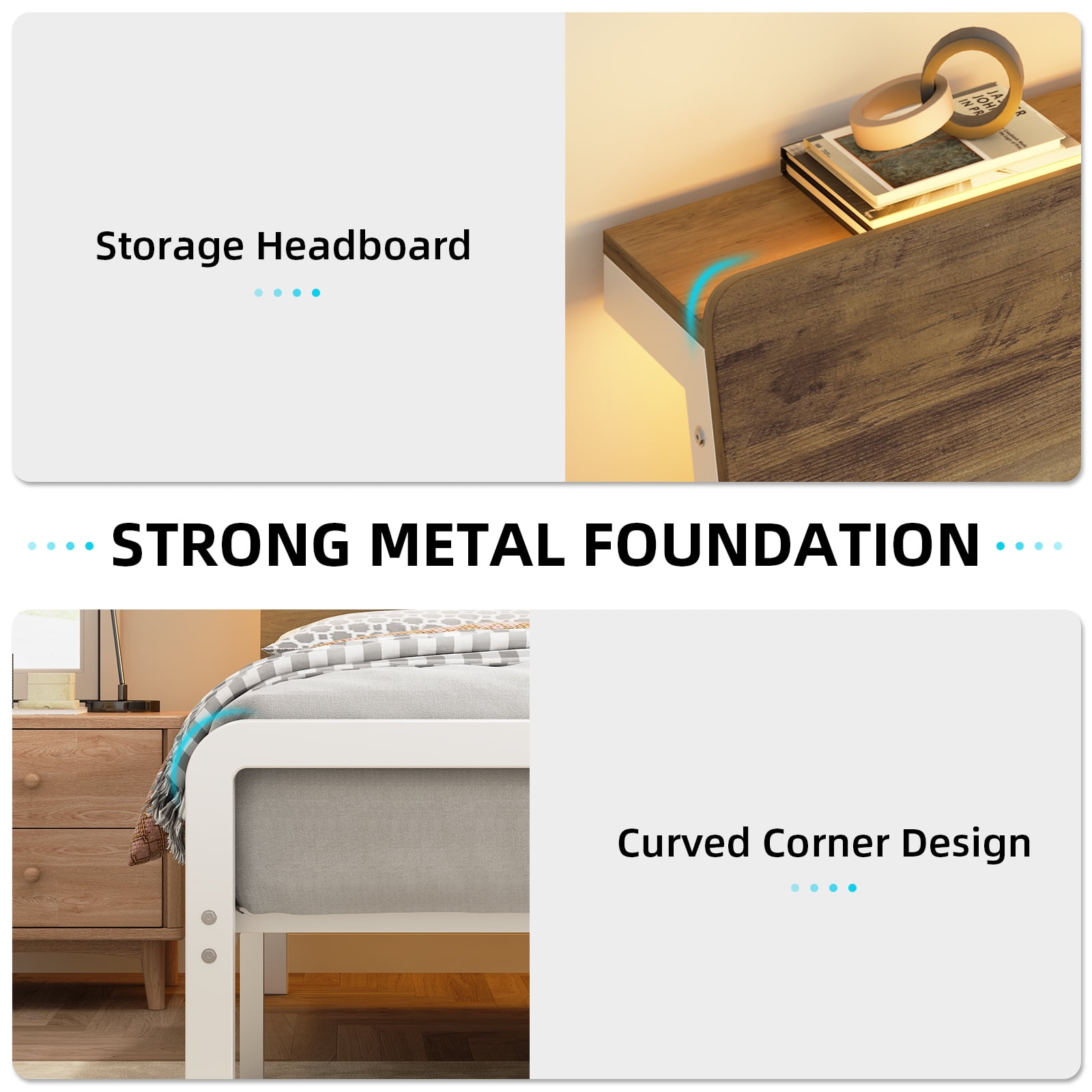 4 EVER WINNER Queen Bed Frame with Storage Headboard and LED Light, Metal Platform Bed Frame with Wooden Headboard, No Box Spring, Brown and White