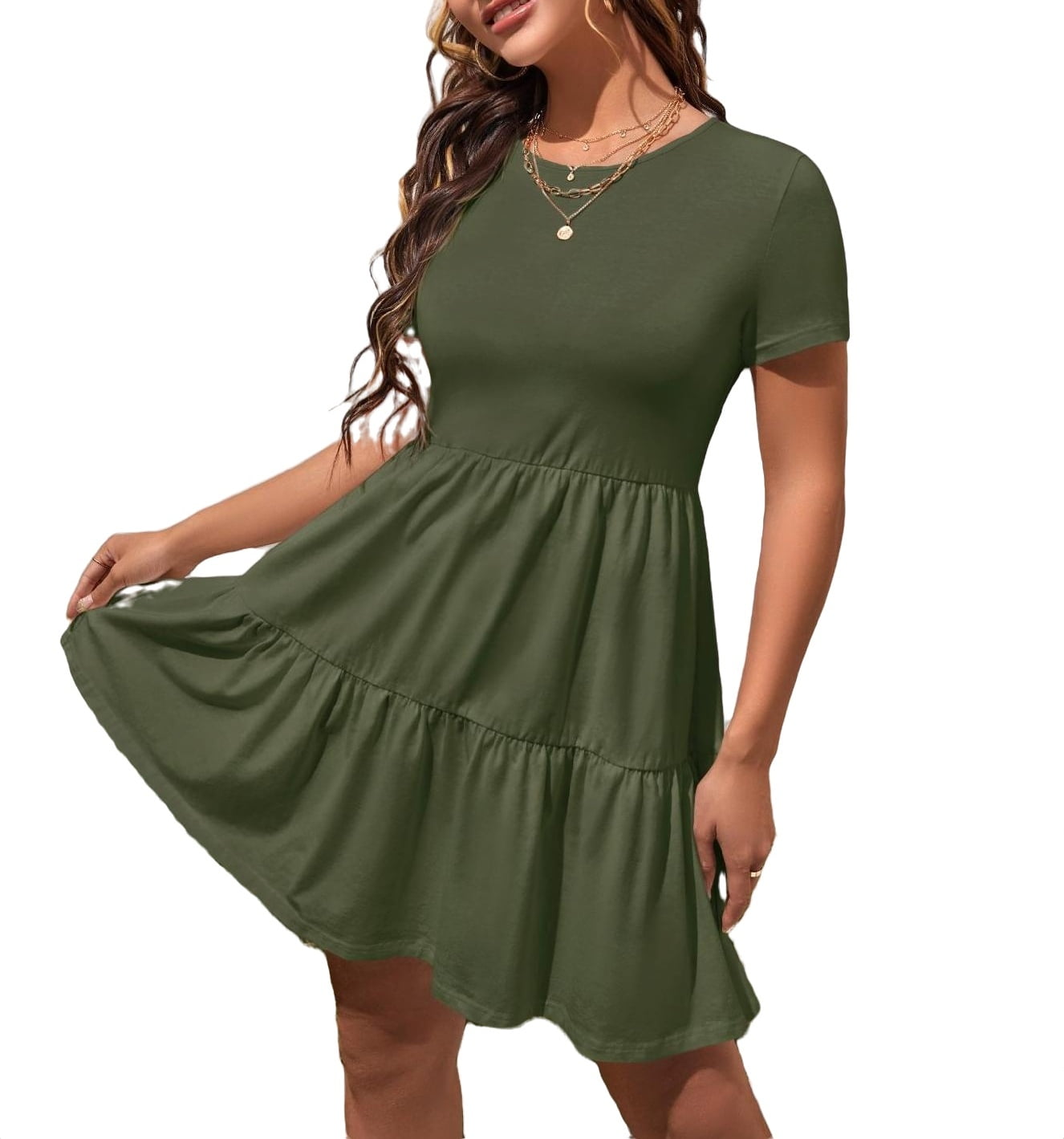 Solid Army Green Short-sleeve Tie Waist Mini Dress for Mom and Me