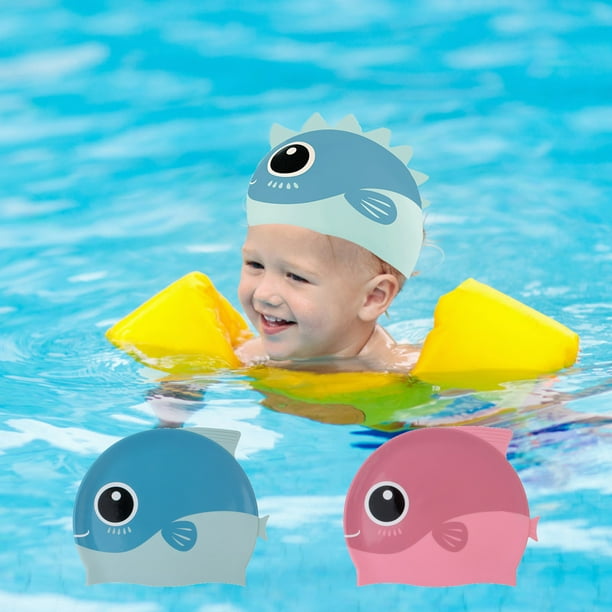 Fiudx Gorro de Natación con Diseño de Dinosaurio y Pez, de Gel de Sílice Suave, Cómodo, Multicolor, Ideal para Actividades Acuáticas, Ideal para Piscina y Playa, Azul y Rojo, 22,5 X 19 Cm.