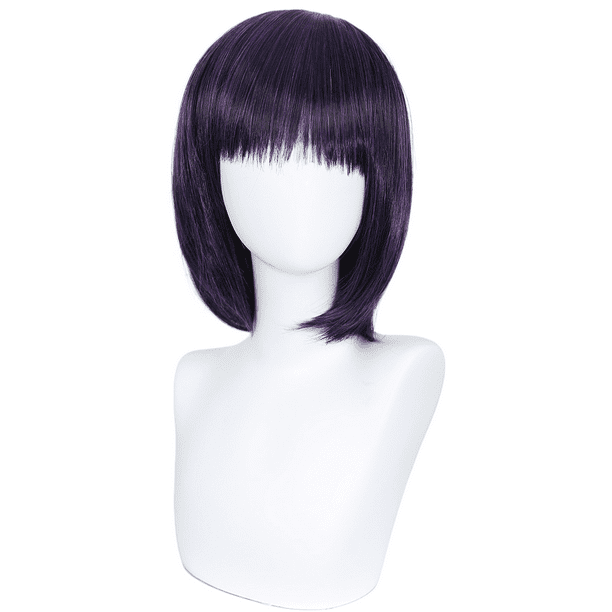 Peluca corta para cosplay de anime, lisa, color morado oscuro, 32 cm, sintética