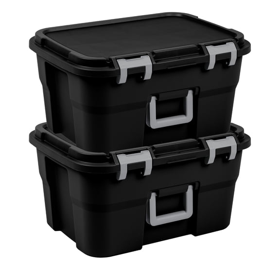 Sterilite Footlocker, 14 Gallon Plastic Storage Container with Latching Lid, Black, 2 Pack