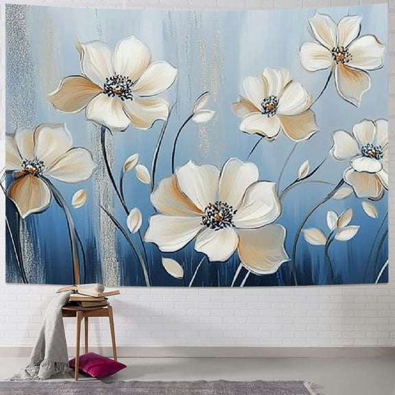 Patifu Flowers Blue Background Silver Stripe Tapestry Wall Hanging Unique Style for Home Decor - Aesthetic Graphic Tapestries for Living Room Bedroom Farmhouse Dorm 40x30inch