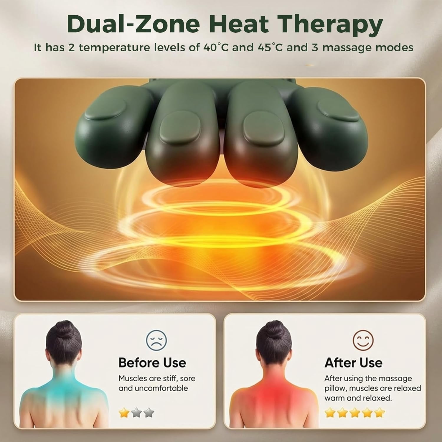 Neck and Shoulder Massager – Upgraded Cordless Shiatsu Massage Pillow, Deep Finger Kneading, 2 Modes & 3 Intensities, Heat, Rechargeable Gift for Men Women