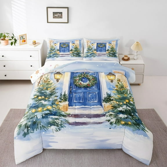 jejeloiu Chic Christmas Tree Bedding Comforter Set,Marry Xmas Twin Comforter Sets,Happy New Year Bedding Set For Girls Boys,Microfiber Bedroom Decor Reversible,2pcs