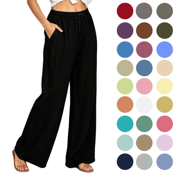POROPL Womens  Pants, Casual Loose Cotton-Linen Wide Leg Drawstring Elastic Waist, Black, Size L