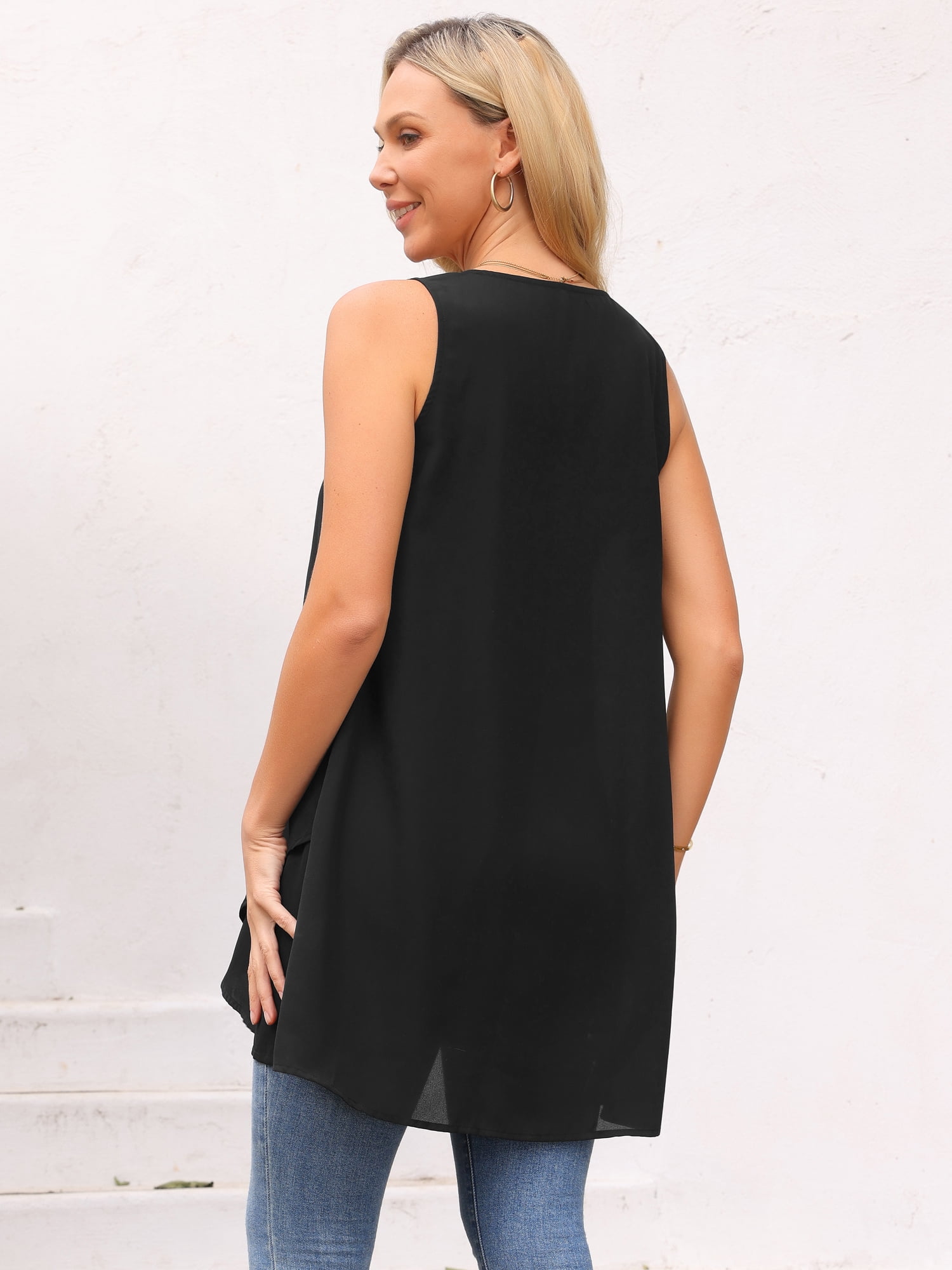 DARING DIVA Women's High Low Casual Sleeveless Chiffon Blouse Asymmetrical L Black
