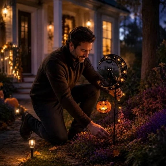 Halloween Solar Garden Stake Light, Metal Moon Black Cat Stake with Hanging Pumpkin LED Lantern for Front Porch Yard Lawn Decor,85cm
