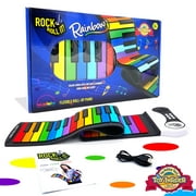 Rock and Roll It - Rainbow Piano. Roll Up Flexible Piano Keyboard for Kids / Beginners. Portable 49 Keys Silicone Piano Pad. Play-by-Color Songbook Included!