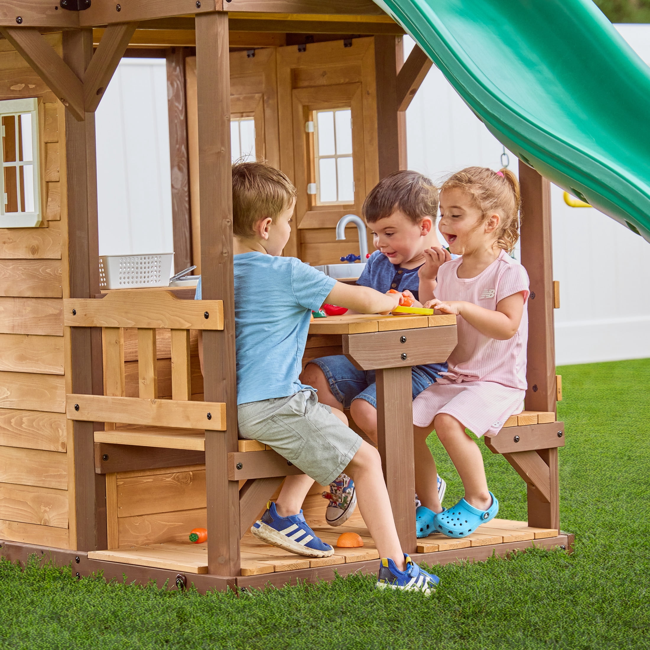 Backyard Discovery Spruce Hollow Spruce Wood Swing Set, Wave Slide, Clubhouse, Rock Wall