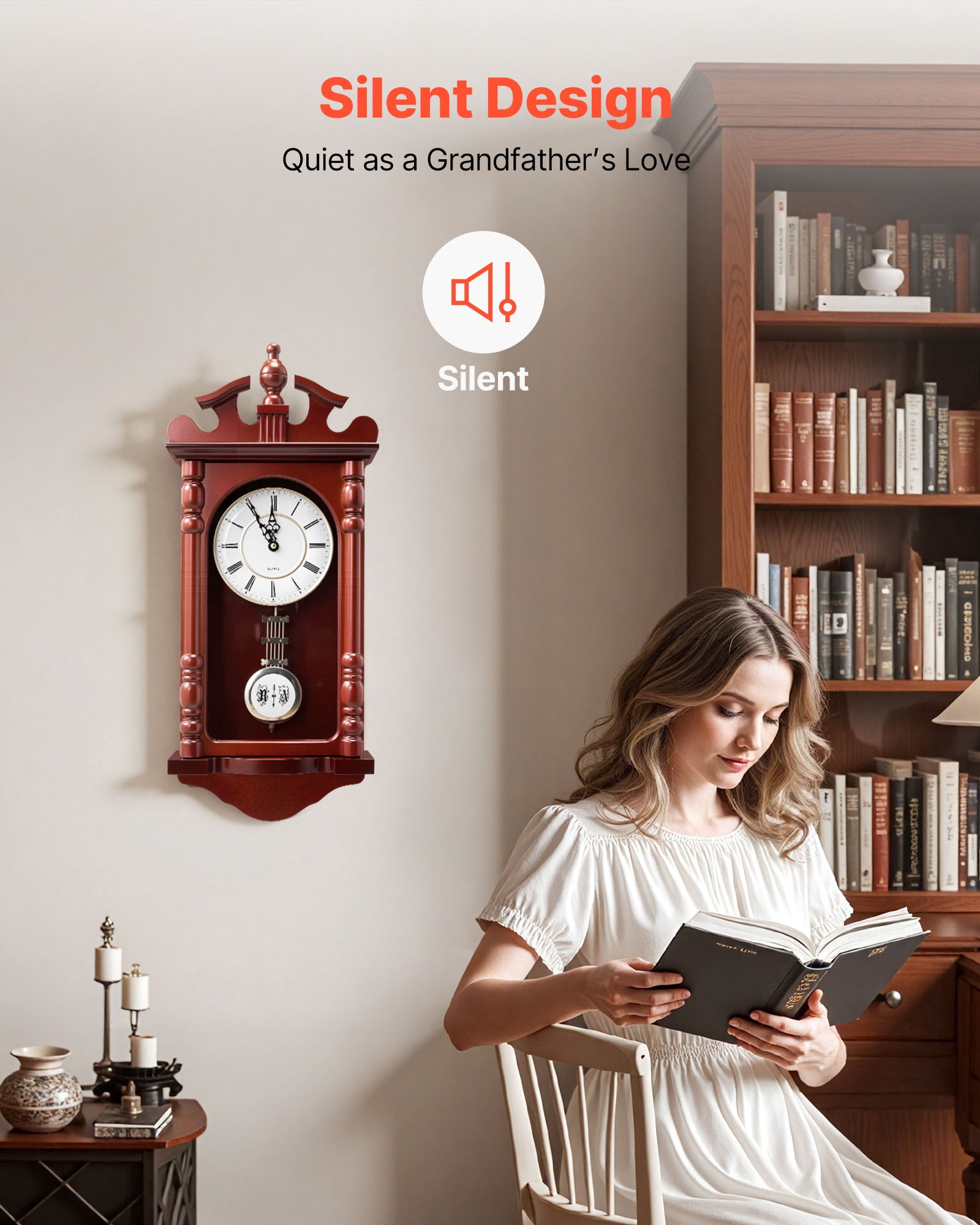 VEVOR Grandfather Clock, 23.2 in Classic Vintage Pendulum Clock, Pine Wood & MDF Wall Clocks with Quartz Movement and Quiet Design, for Living Room, Bedroom, Home Decor & Gift (Cherry Tone Finish)