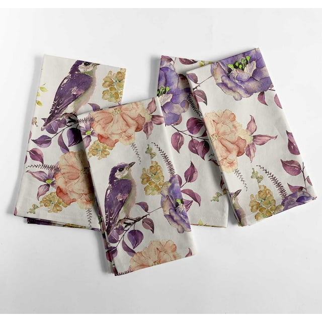 Vargottam Designer Cotton Canvas Napkins - Set of 12, 20-Inch, Beige Bird Pattern, Durable & Absorbent Cloth Napkins for Dining, Parties, and Home Decor - Machine Washable