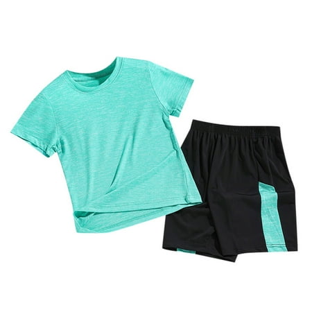 

EFGYYF Gym Shorts Boys Girls Sports Suit Short Sleeve T Shirt Tops With Shorts Summer Quick Drying Clothing Set Jogging Football Tracksuit Green 9-10 Years