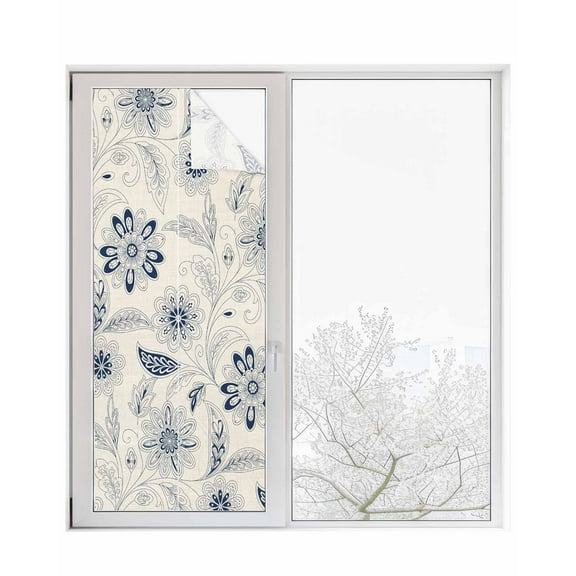 Window Privacy Film Blue Flower Vintage Stained Glass Window Film Decorative Sun Block Window Cover Abstract Ethnic Floral Pastoral Window Clings Static Adhesive Sticker for Bathroom 23.6"x59"
