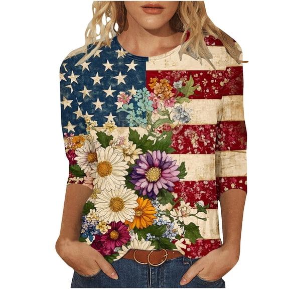 Htigea Women's American Flag & Flower Shirts 3/4 Sleeve Crewneck Pullover Tops 4th of July 250th Anniversary Tshirts Summer Wear 03 Multicolor S