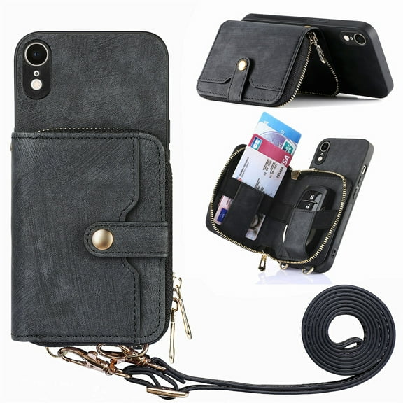 ELEHOLD Crossbody Wallet Case for iPhone 8 Plus / iPhone 7 Plus, Zipper PU Leather Phone Case with Card Holder Wrist Strap Purse Cover 5.5 Inch,Black