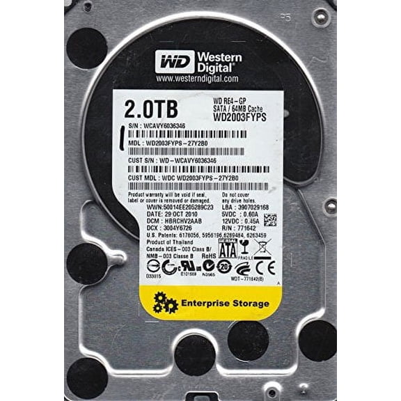 WD2003FYPS-27Y2B0, DCM HBRCHV2AAB, Western Digital 2TB SATA 3.5 Hard Drive