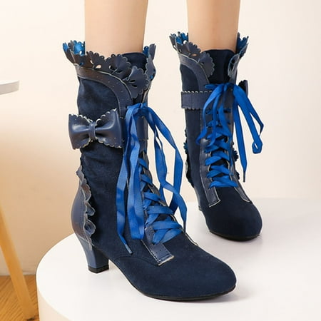 

Tejiojio Clearance Women Shoes Winter Fashion Bandage Riding Boots Casual Warm High Heels Bowknot Retro Middle Tube Boots