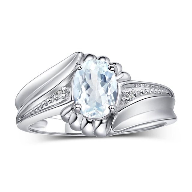 RYLOS Rings for Women 14K White Gold Swirl Z Ring 7X5MM Oval Gemstone & Diamond Rings March Aquamarine Jewelry Size 5