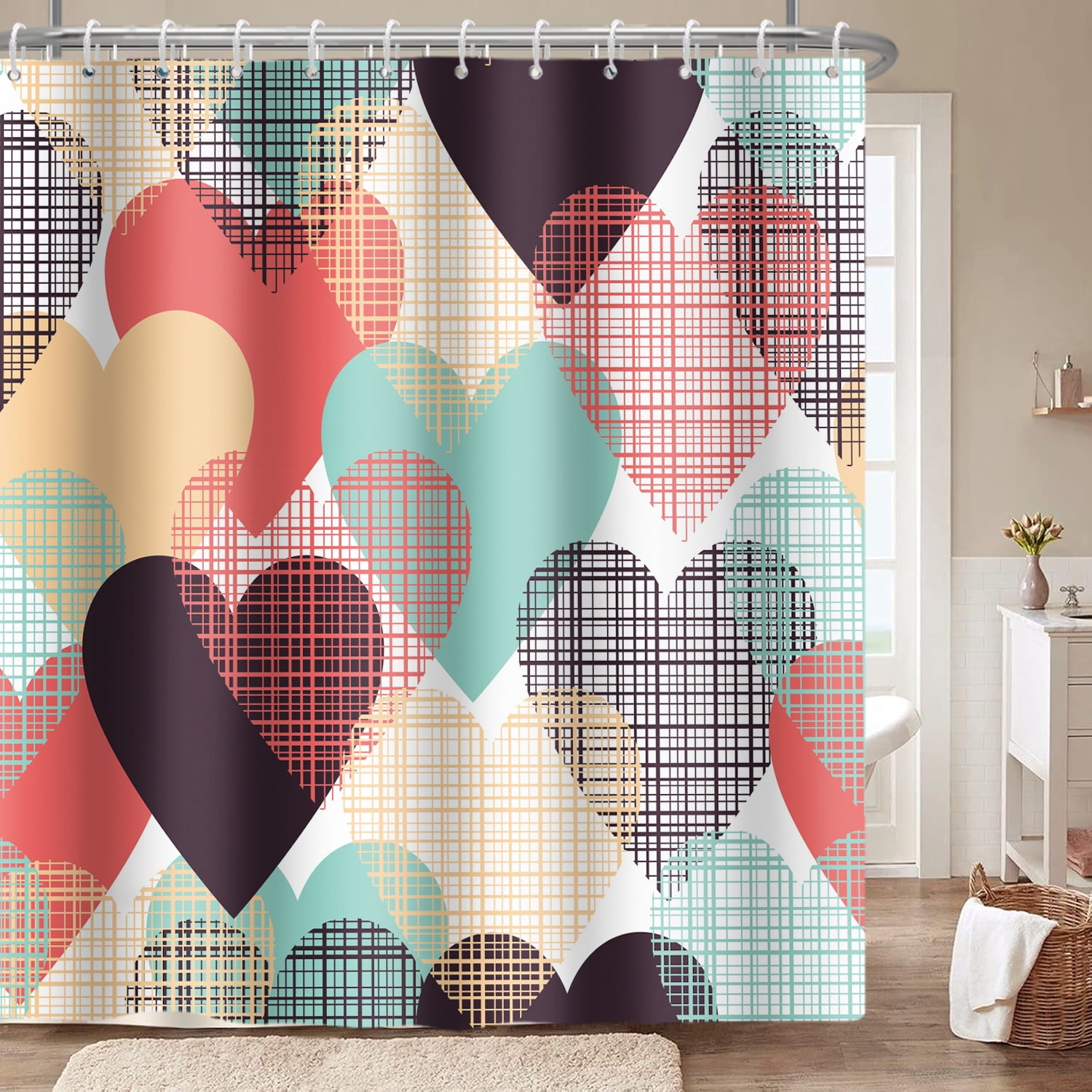 Mizhona Valentine's Day Shower Curtain Colorful Hearts Bathroom Curtains with Hooks 72"x78"