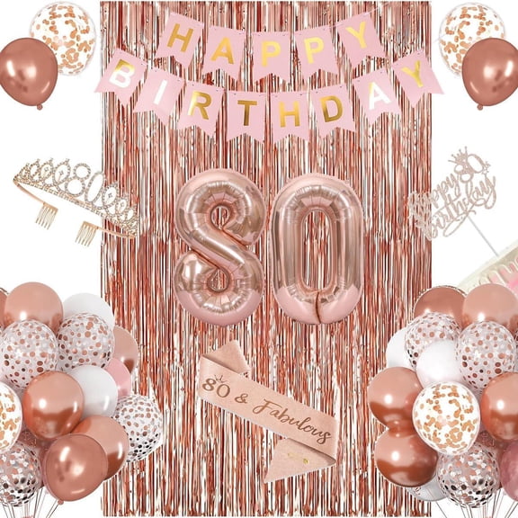 80th Birthday Decorations for Women, Happy 80th Birthday Banner, Balloon, Cake Topper, Sash and Crown, Rose Gold 80 Birthday Party Decorations for Women